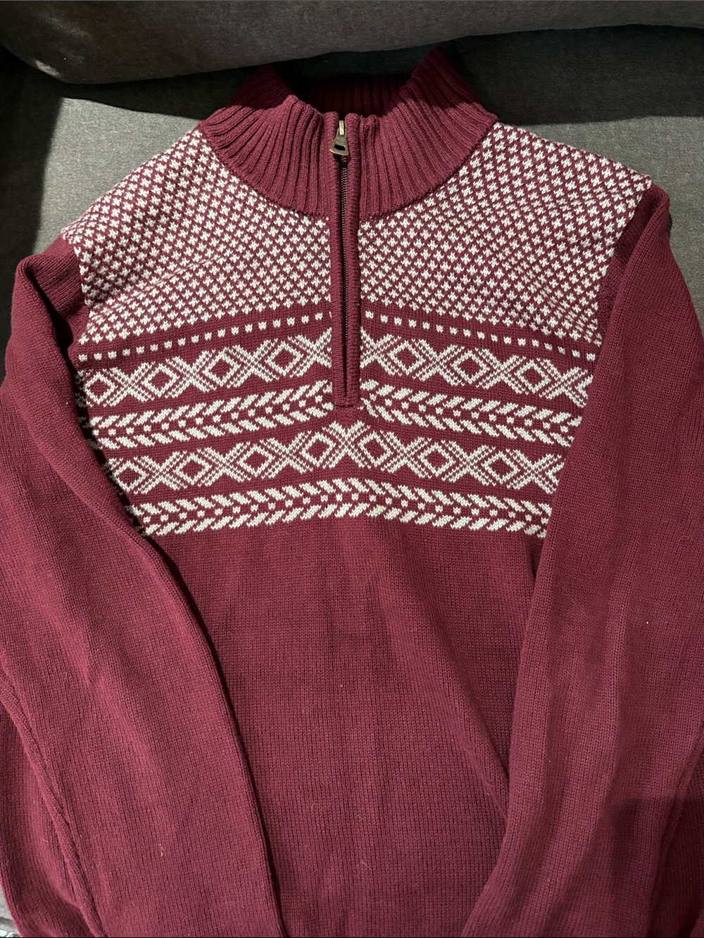 Weatherproof Men's Burgundy and White Zip-Neck Fair Isle Sweater